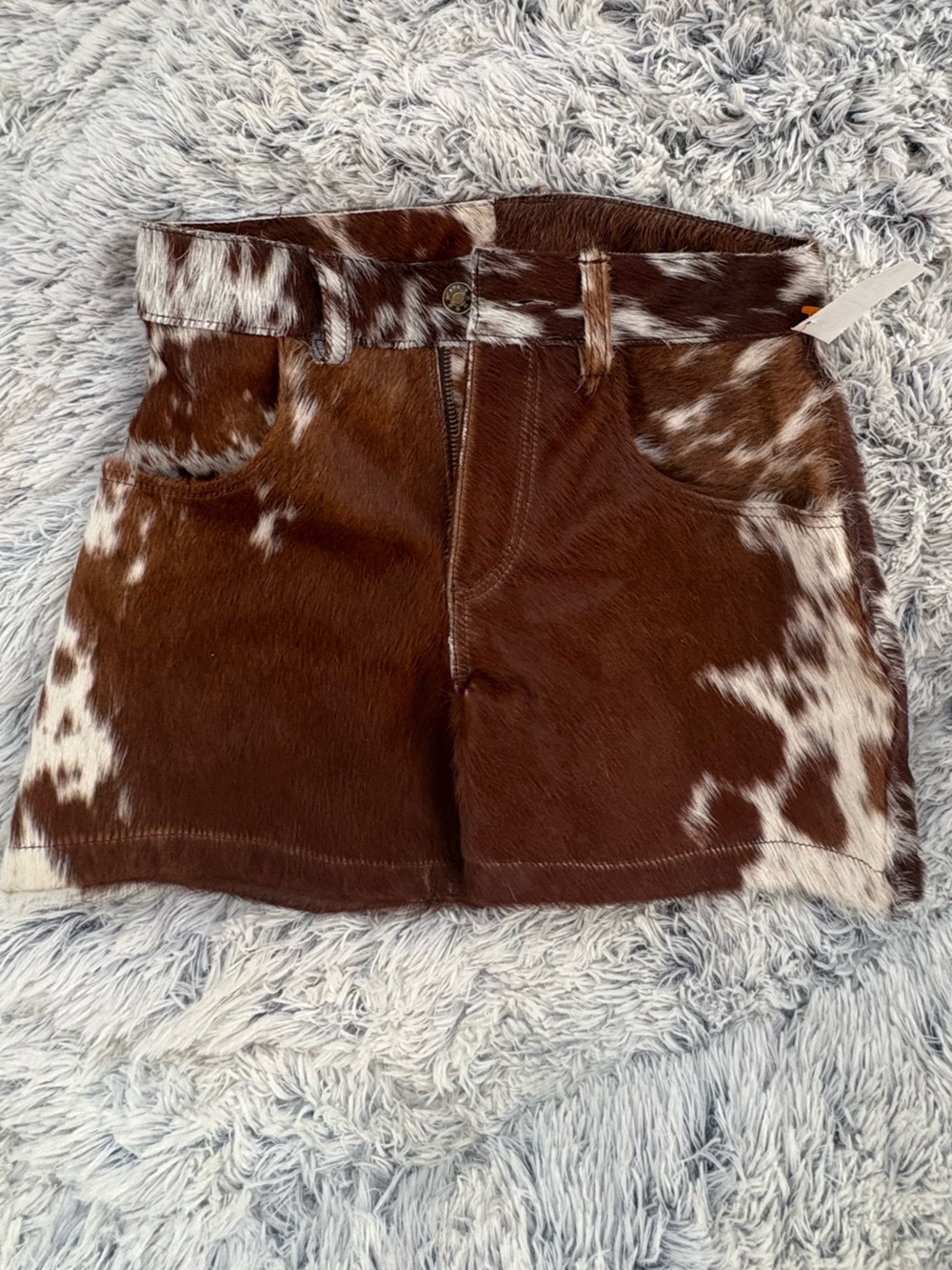 Brown and White Cowhide Leather Shorts